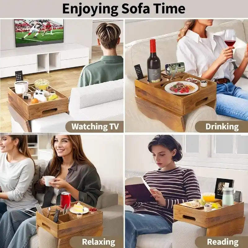 Brown Wooden Sofa Armrest Tray with Cup Holders - Multi-Person Use