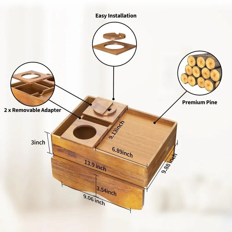 Brown Wooden Sofa Armrest Tray with Cup Holders - Multi-Person Use