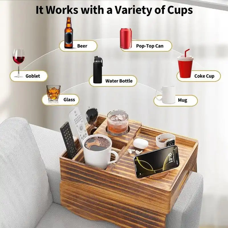 Brown Wooden Sofa Armrest Tray with Cup Holders - Multi-Person Use