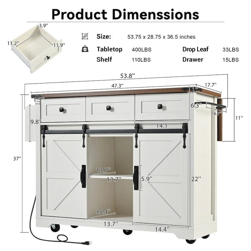 53.7 Farmhouse Kitchen Island With Power Outlet, 2 Sliding Barn Door, Kitchen Storage Island With Drop Leaf, Spice Rack