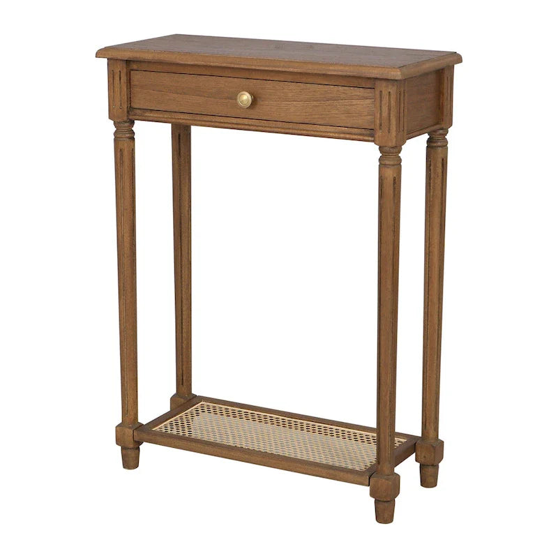 Solid Bayur Wood Console Table with Drawer and Cane Shelf