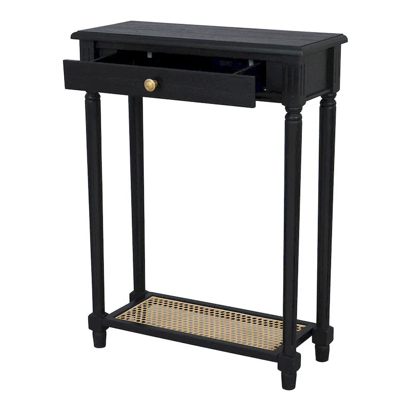 Solid Bayur Wood Console Table with Drawer and Cane Shelf