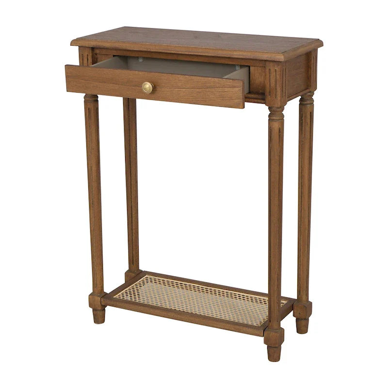 Solid Bayur Wood Console Table with Drawer and Cane Shelf