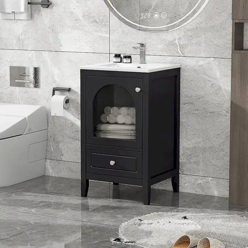 20 Inch Bathroom Vanity With Sink Combo, Modern Bathroom Vanity, Compact Space Bathroom Cabinet With Glass Door, Drawer