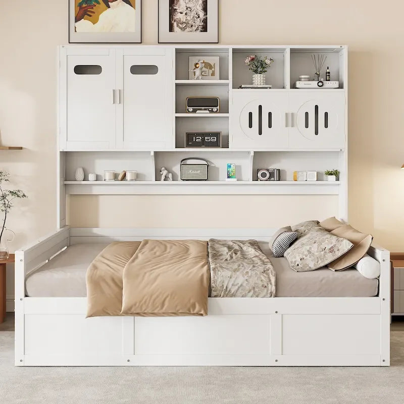Wooden Daybed with Hydraulic Storage and Bookcase