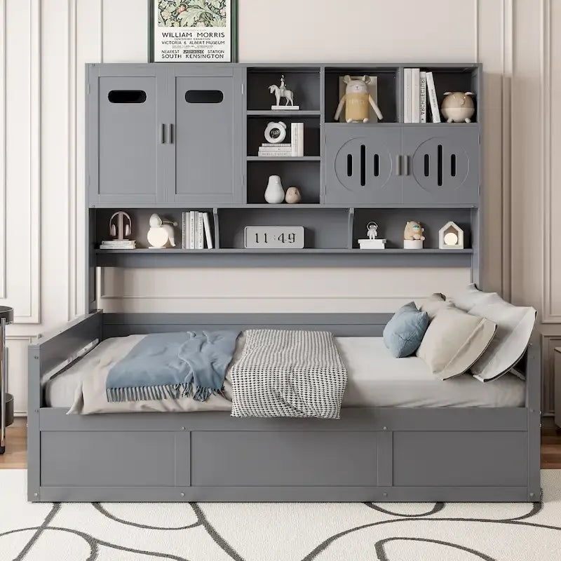 Wooden Daybed with Hydraulic Storage and Bookcase