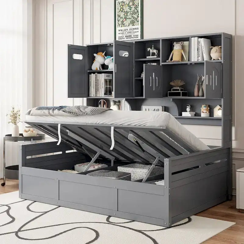 Wooden Daybed with Hydraulic Storage and Bookcase