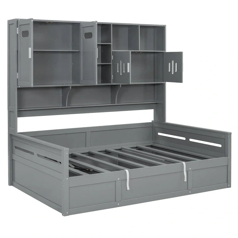Wooden Daybed with Hydraulic Storage and Bookcase