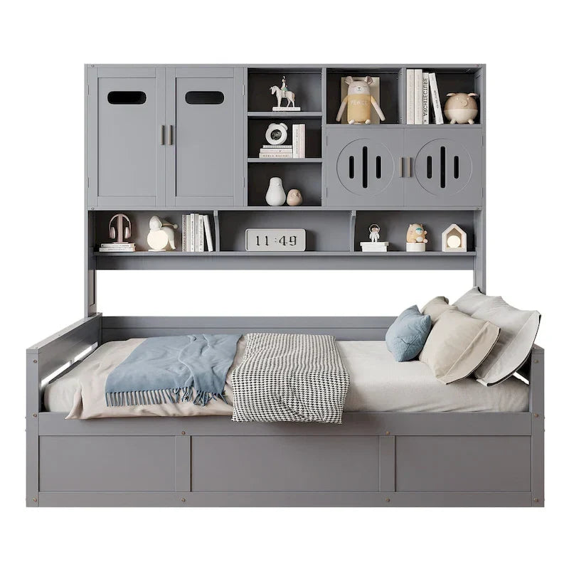 Wooden Daybed with Hydraulic Storage and Bookcase
