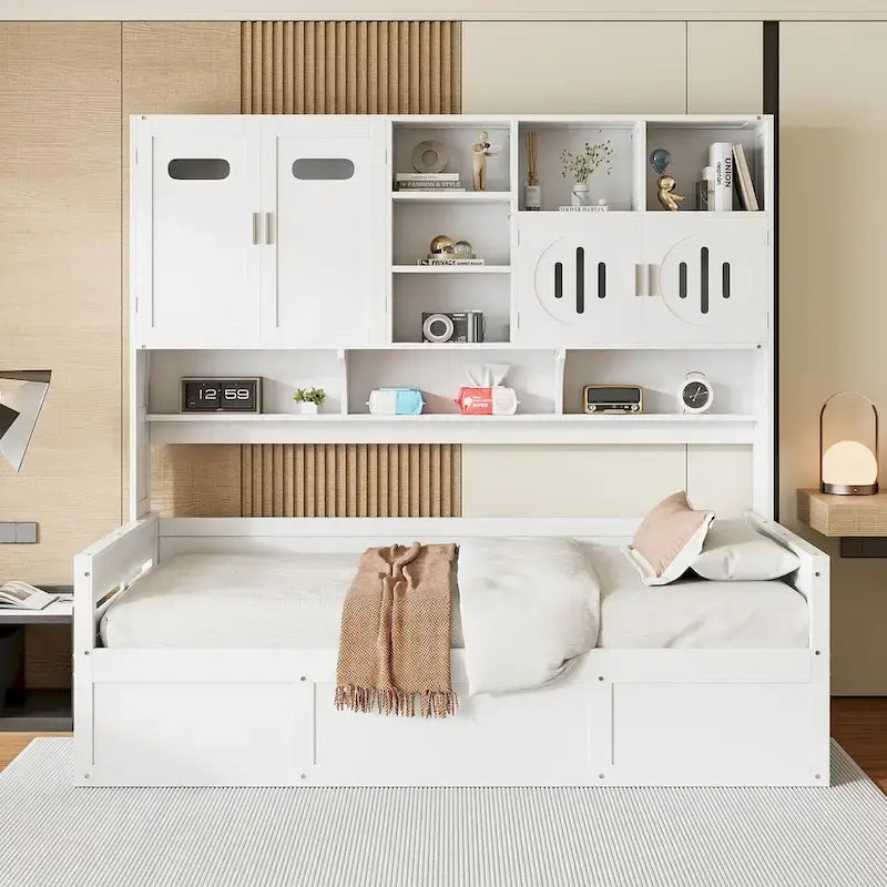 Wooden Daybed with Hydraulic Storage and Bookcase