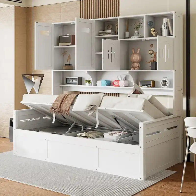 Wooden Daybed with Hydraulic Storage and Bookcase