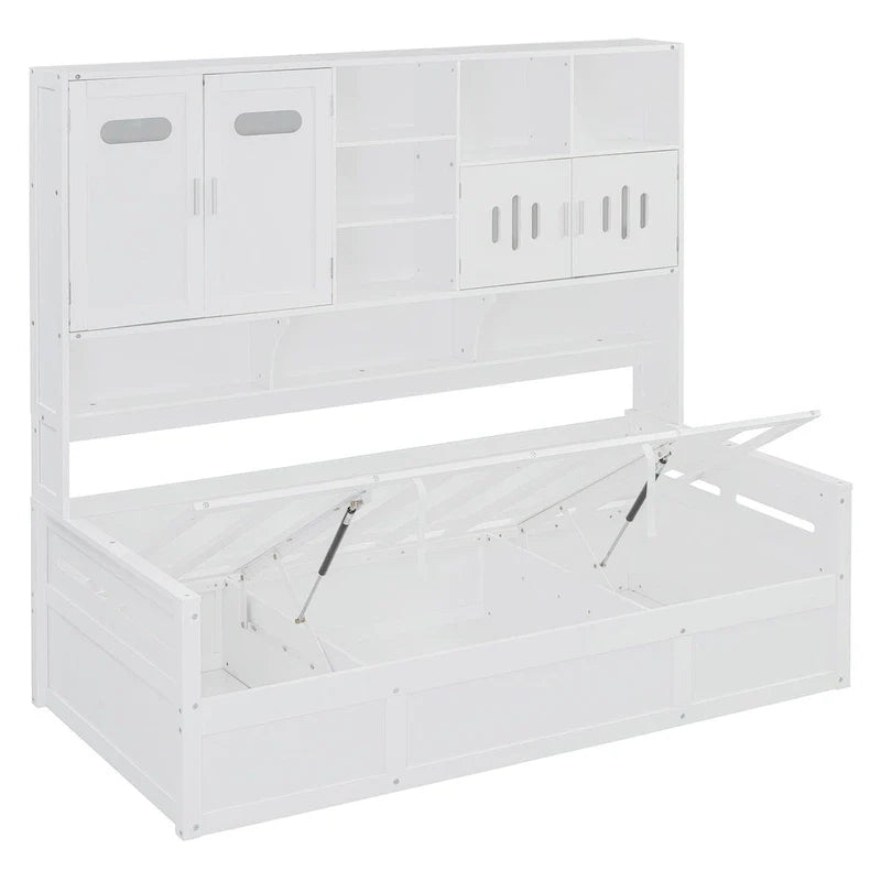 Wooden Daybed with Hydraulic Storage and Bookcase
