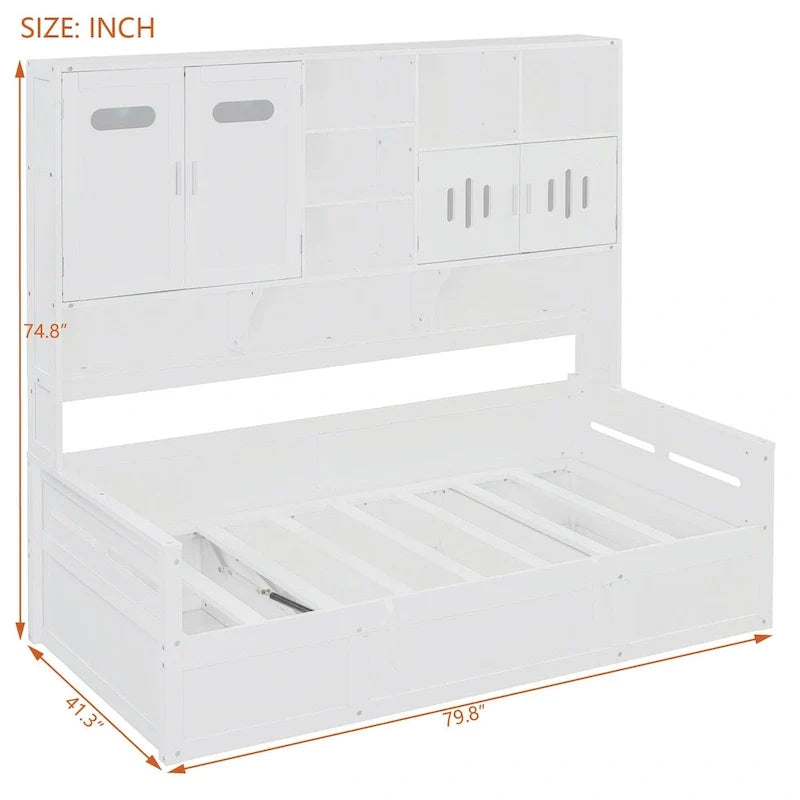 Wooden Daybed with Hydraulic Storage and Bookcase