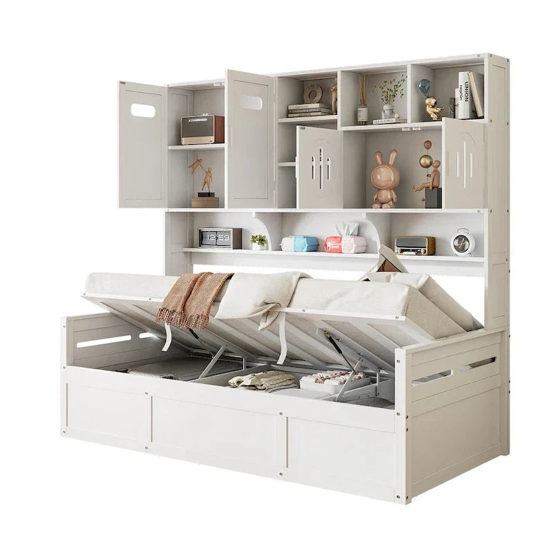 Wooden Daybed with Hydraulic Storage and Bookcase