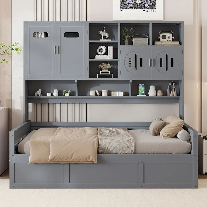 Wooden Daybed with Hydraulic Storage and Bookcase