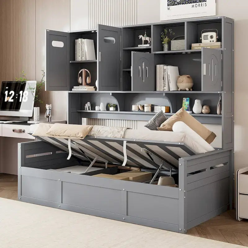 Wooden Daybed with Hydraulic Storage and Bookcase