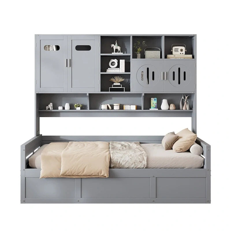 Wooden Daybed with Hydraulic Storage and Bookcase
