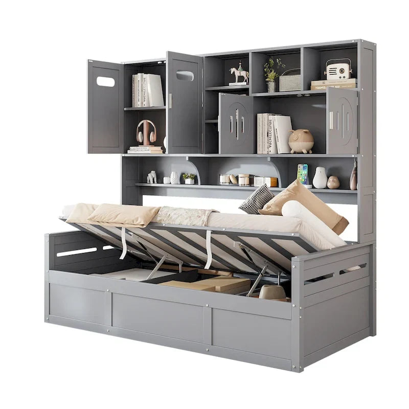 Wooden Daybed with Hydraulic Storage and Bookcase