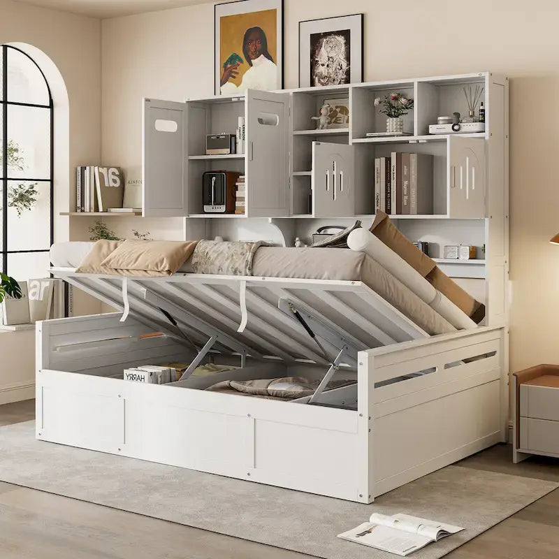Wooden Daybed with Hydraulic Storage and Bookcase