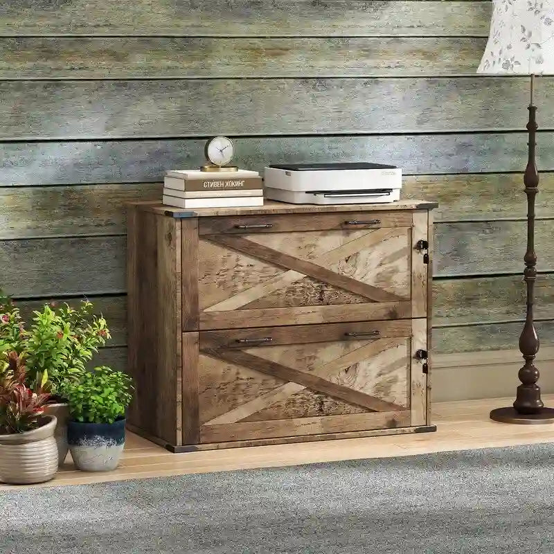 Barn Door Wooden 2 Drawers With Lock 25.79H
