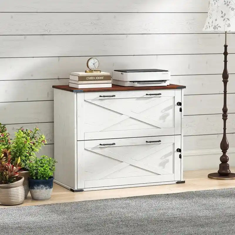 Barn Door Wooden 2 Drawers With Lock 25.79H