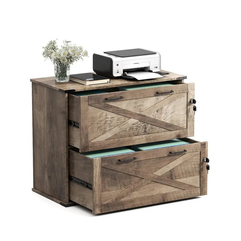 Barn Door Wooden 2 Drawers With Lock 25.79H