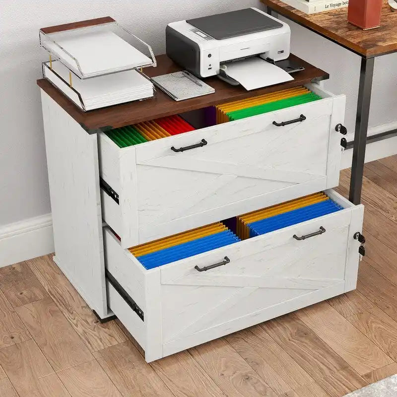 Barn Door Wooden 2 Drawers With Lock 25.79H