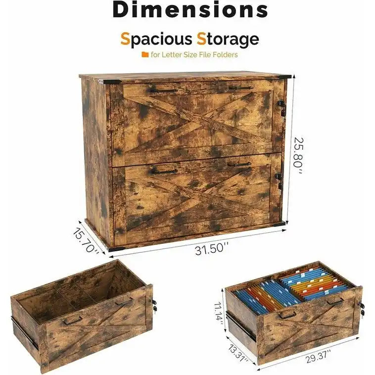 Barn Door Wooden 2 Drawers With Lock 25.79H