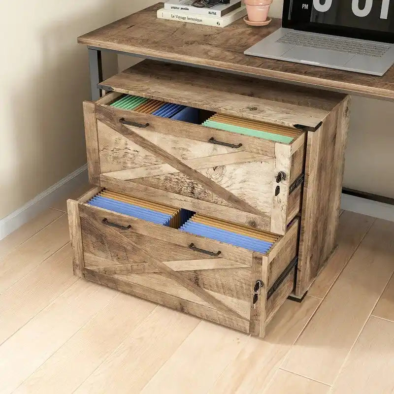 Barn Door Wooden 2 Drawers With Lock 25.79H