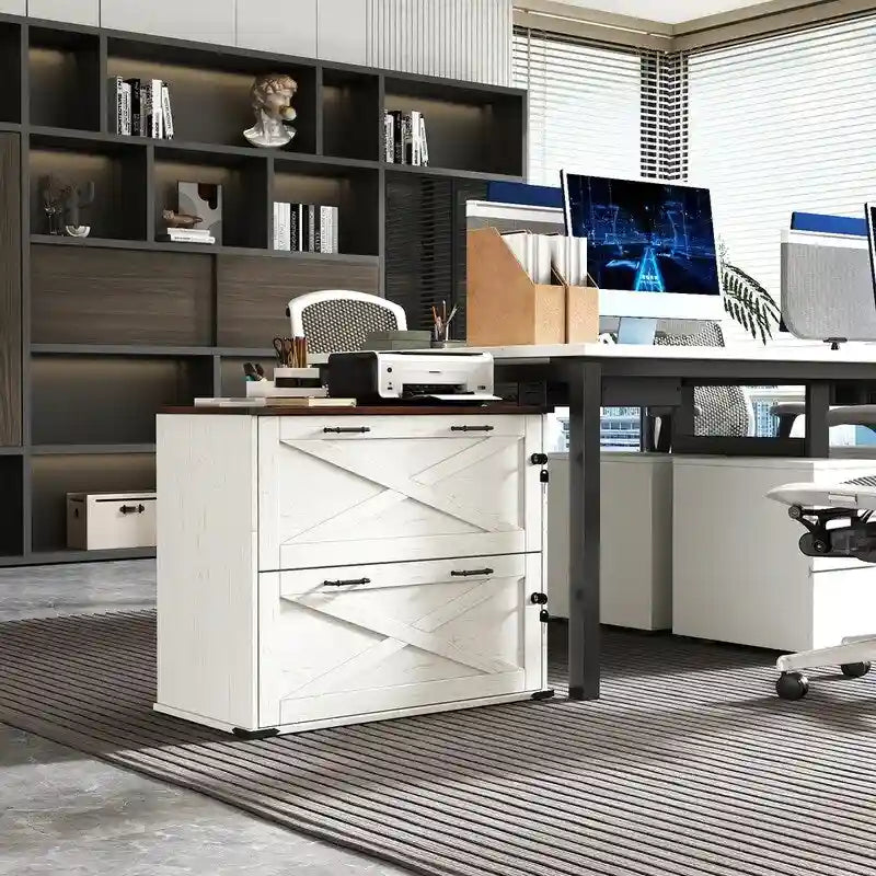 Barn Door Wooden 2 Drawers With Lock 25.79H