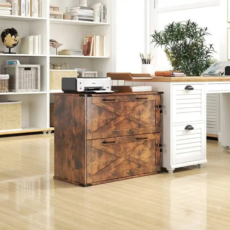 Barn Door Wooden 2 Drawers With Lock 25.79H