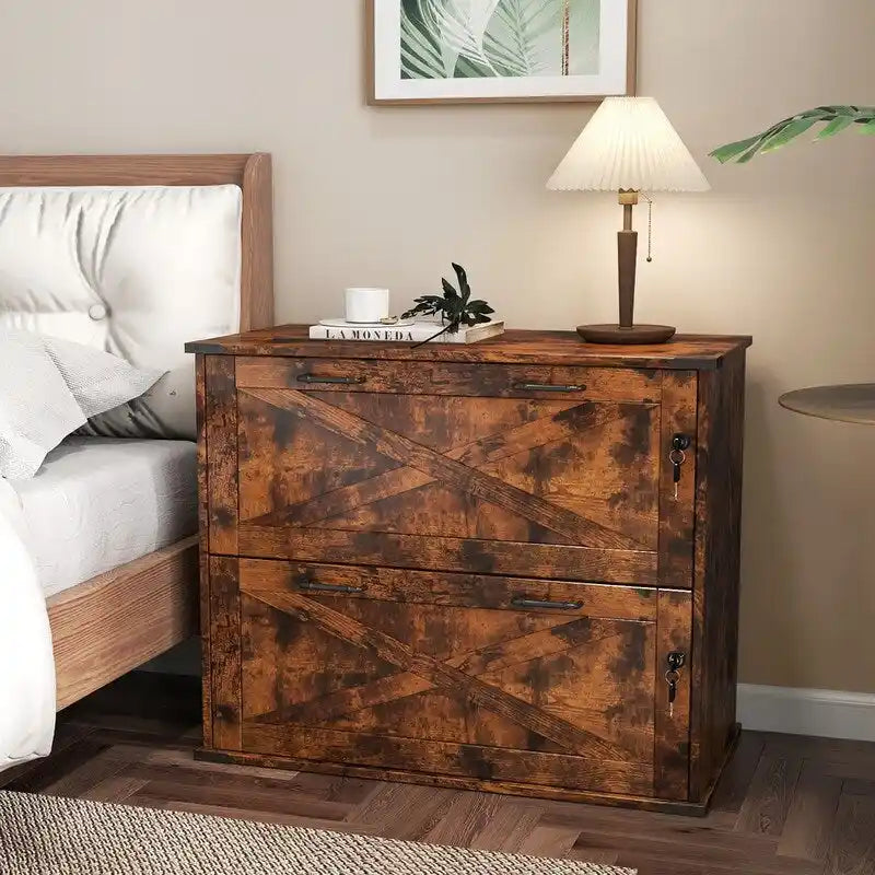 Barn Door Wooden 2 Drawers With Lock 25.79H