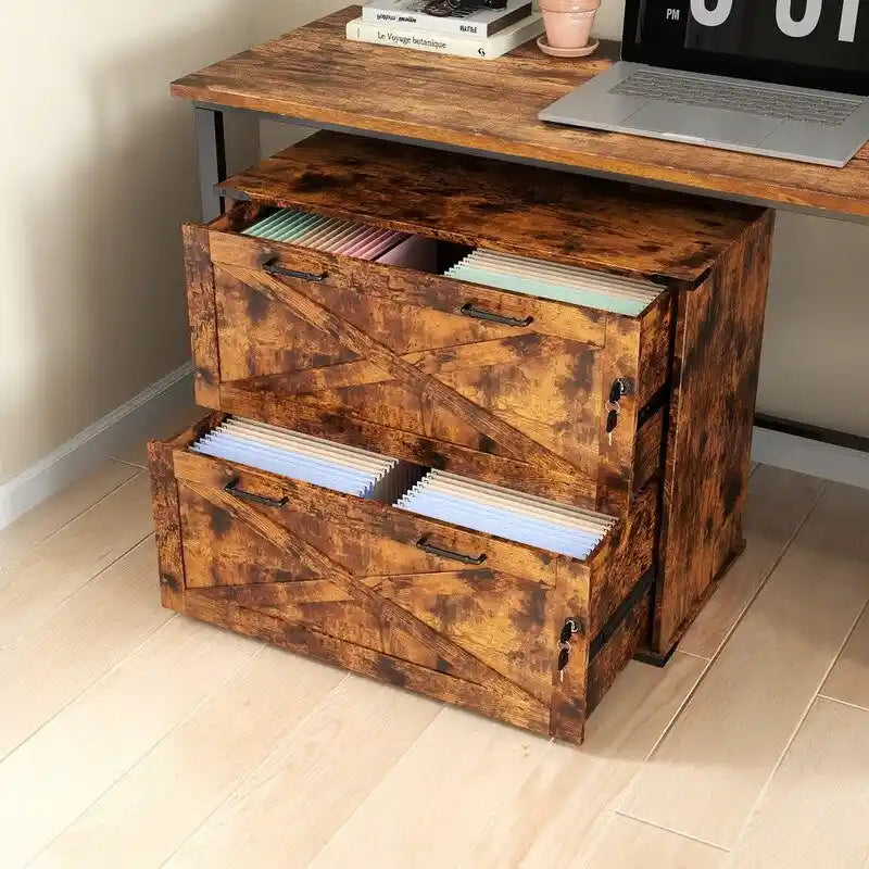 Barn Door Wooden 2 Drawers With Lock 25.79H