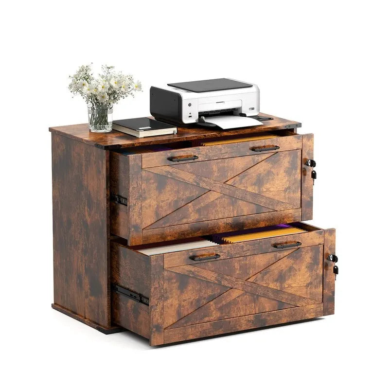 Barn Door Wooden 2 Drawers With Lock 25.79H