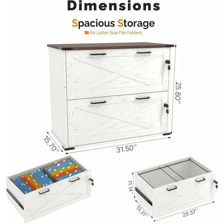 Barn Door Wooden 2 Drawers With Lock 25.79H