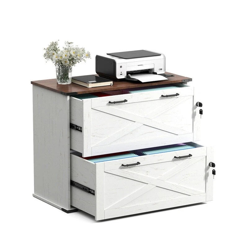 Barn Door Wooden 2 Drawers With Lock 25.79H