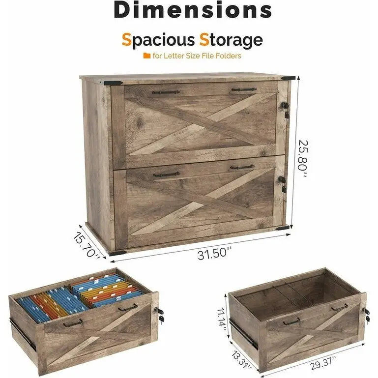 Barn Door Wooden 2 Drawers With Lock 25.79H