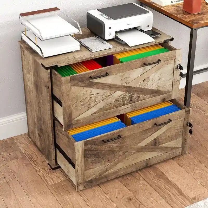 Barn Door Wooden 2 Drawers With Lock 25.79H