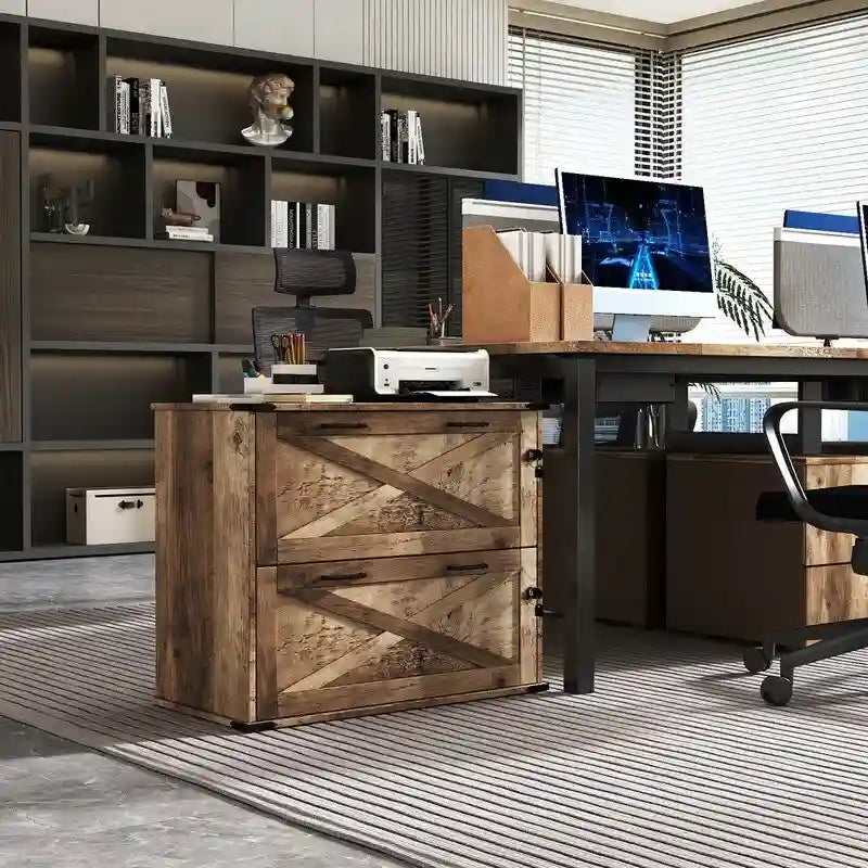 Barn Door Wooden 2 Drawers With Lock 25.79H