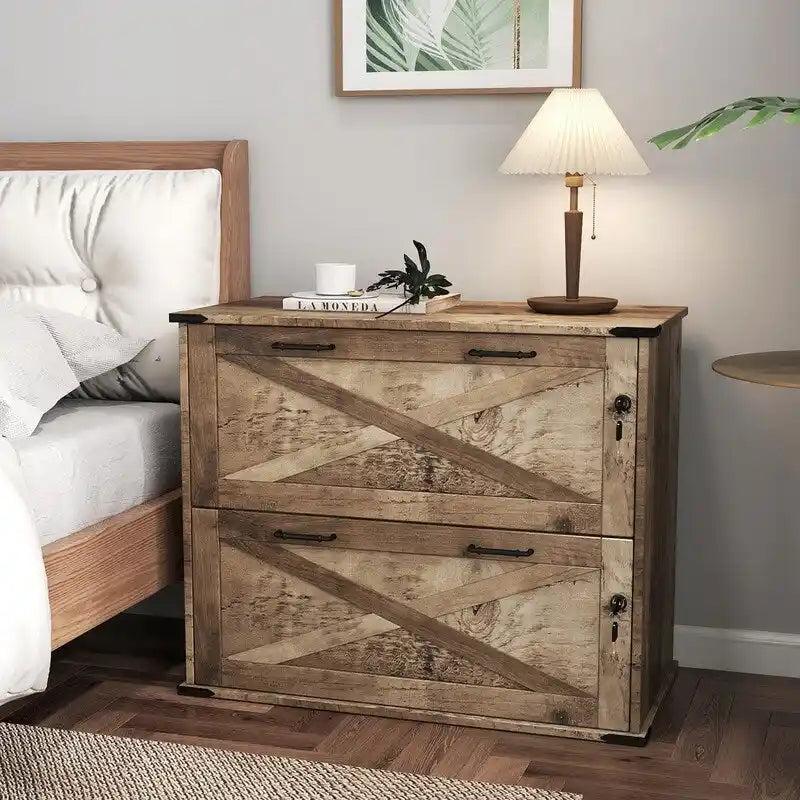 Barn Door Wooden 2 Drawers With Lock 25.79H