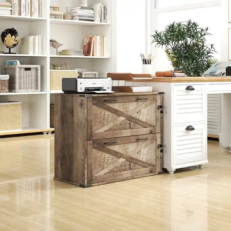 Barn Door Wooden 2 Drawers With Lock 25.79H