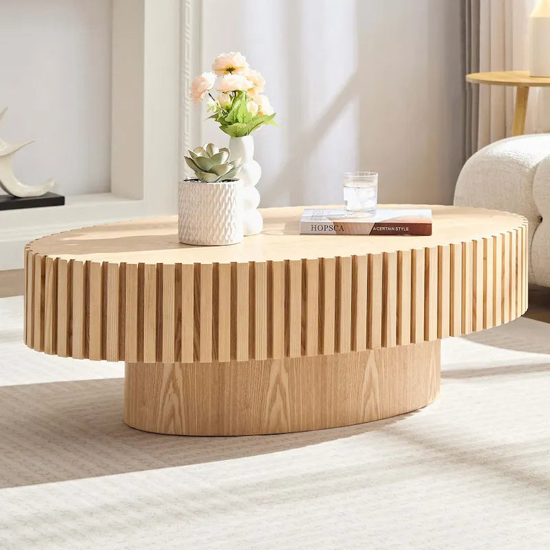 Round Coffee Table with Pedestal Base and Natural Ash Grain