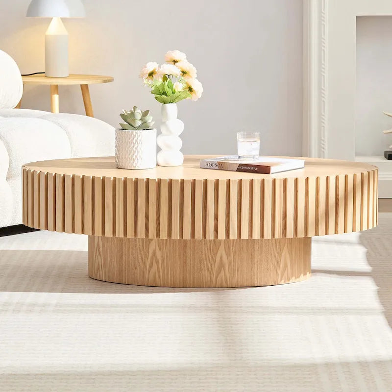 Round Coffee Table with Pedestal Base and Natural Ash Grain
