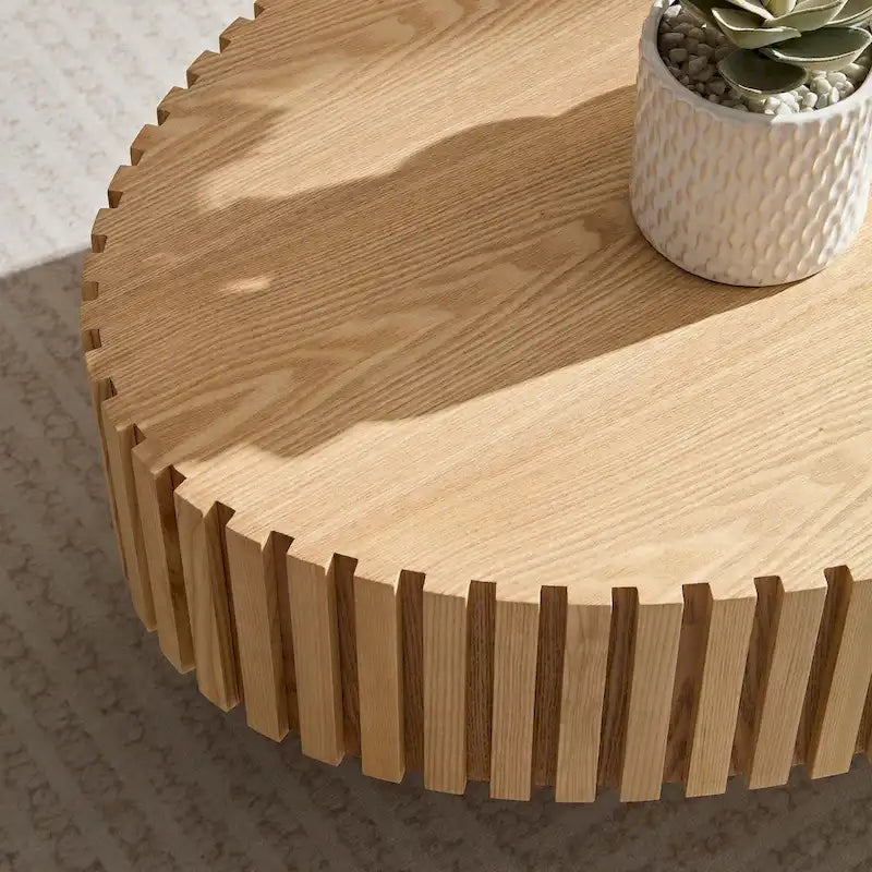 Round Coffee Table with Pedestal Base and Natural Ash Grain