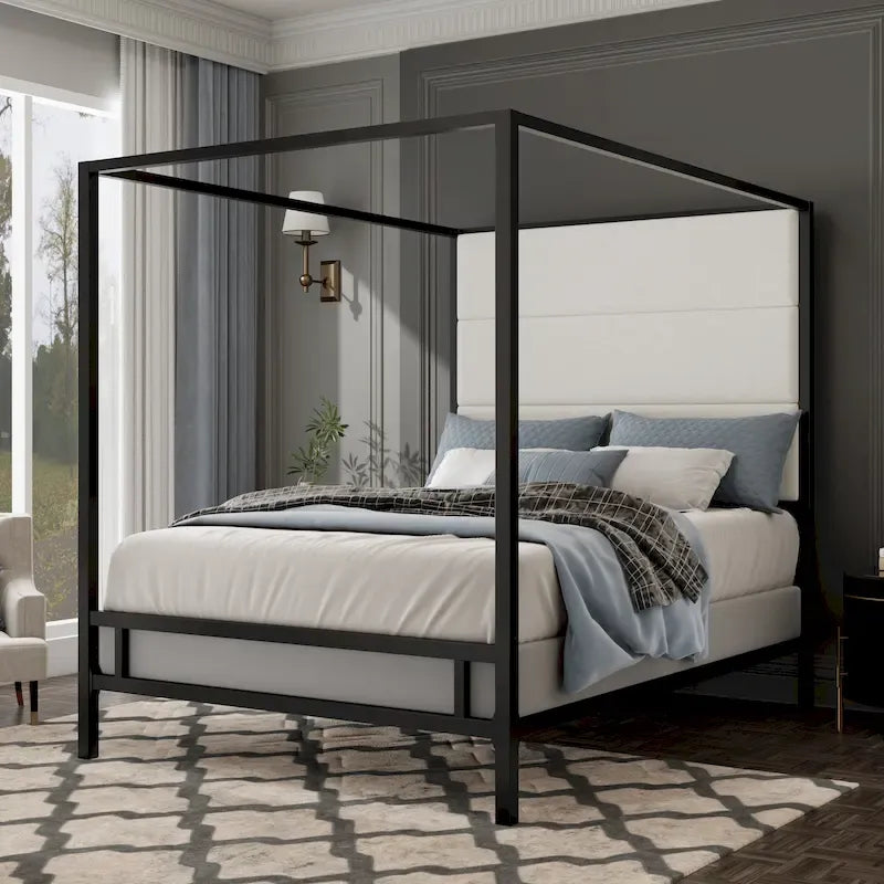 Metal Canopy Bed with Upholstered Headboard