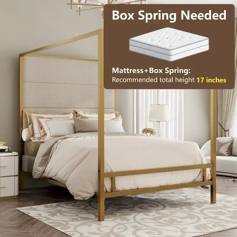 Metal Canopy Bed with Upholstered Headboard