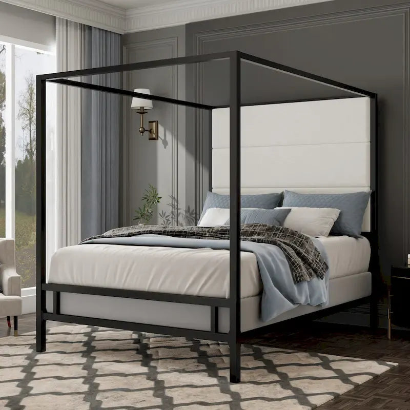 Metal Canopy Bed with Upholstered Headboard