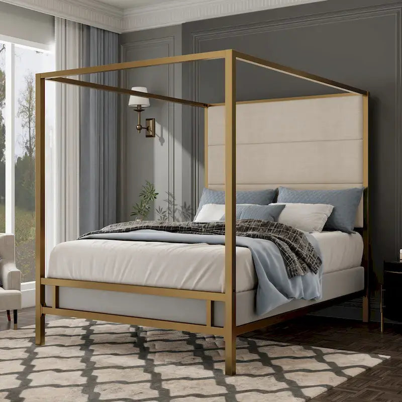 Metal Canopy Bed with Upholstered Headboard