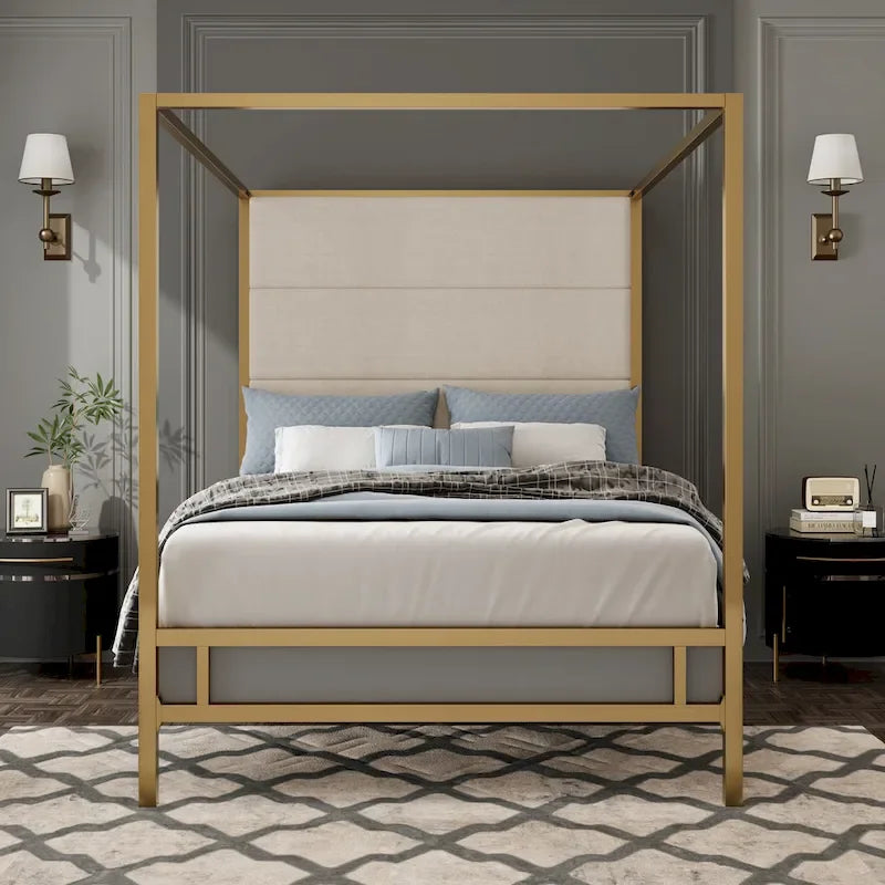 Metal Canopy Bed with Upholstered Headboard