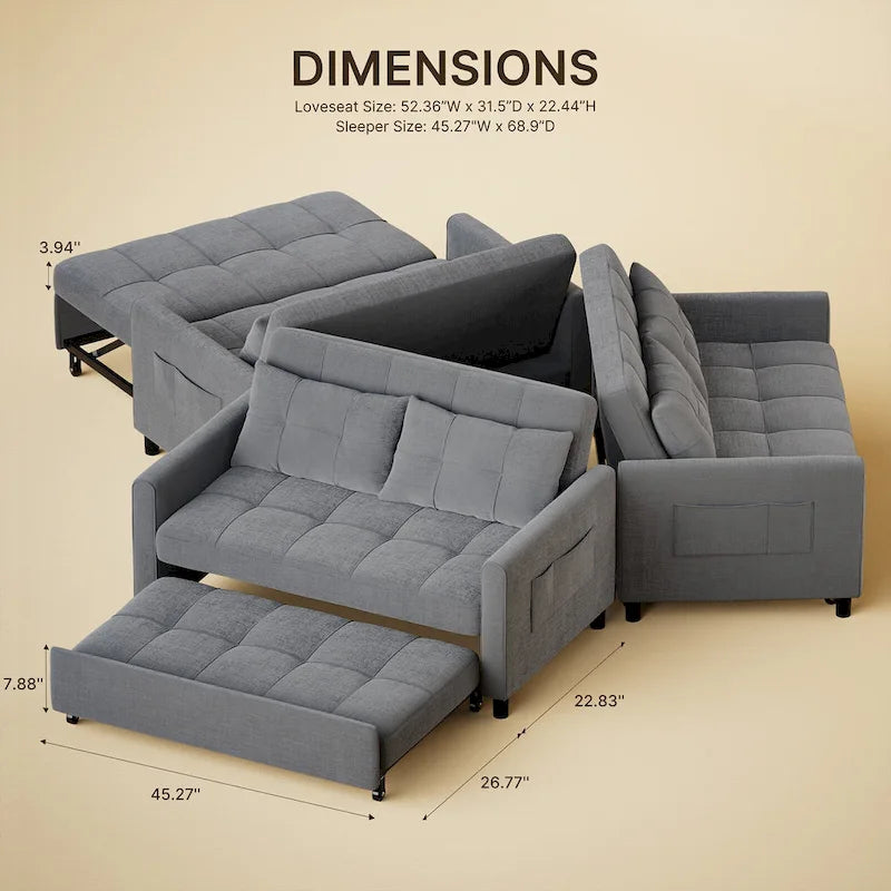 Convertible Sleeper Loveseat with Pull-Out Bed and Adjustable Backrest